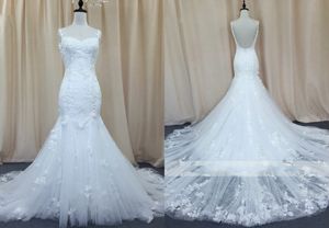 Sexy Vestidos de novia de sirena sin espalda Photo Real Applise Lace con tiras de espagueti Capilla Train Long para Novia Barato