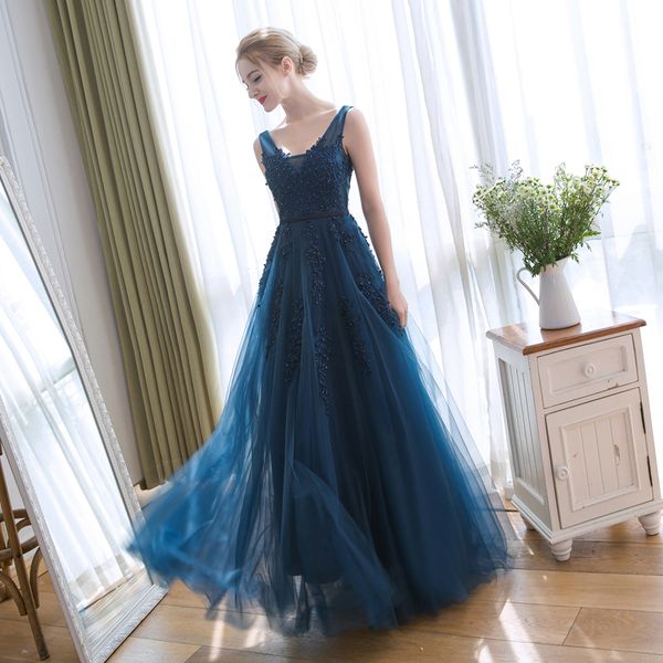 Sexy dos nu bleu marine robes de bal longues plis tulle avec appliques florales perles brillantes longues robes de soirée bleu royal / bordeaux