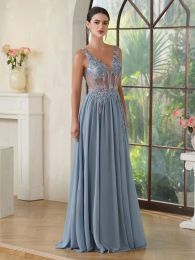 Sexy Backless Nouvelles 2024 Dark Navy Murffon Appliques une ligne Sheer V Neck Long Party Prom gowns CPS3038 0528
