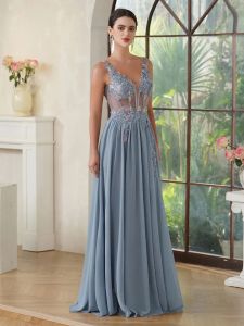 Sexy backless nouvelles 2024 Dark Navy Murffon Appliques Une Ligne Sheer V Neck Long Party Prom Jurken CPS3038 0528