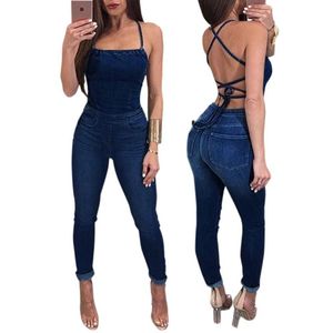 Sexy Backless Off Schouder Jeans Jumpsuit Zomer 2018 Bandage Bodaycon Denim Jumpsuit Romper Katoen Playsuit Meisjes Broek Jeans274W