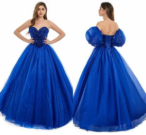 Sexy backless Royal Blue A Line Prom Dresses 2024 Nieuwe pailletten kralen sweetheart korset terug avond quinceanera -jurken met dichter mouwen bm3503