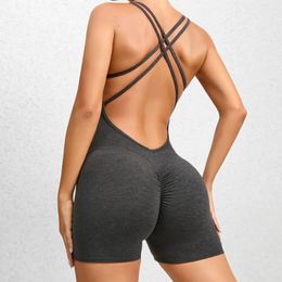 Sexy backless scrunch sportieve strakke jumpsuit verhoogt kont playsuit dames romper zomer gym fitness short overalls s set 240410