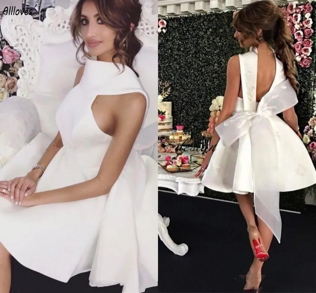Modern White Satin Short Prom Party Dresses with Back Big Bow Halter Engagement Cocktail Formal Occasion Gowns for Women Knee Length Birthday Reception Dress AL6493