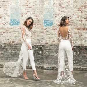 Sexy Backless Women White Jumpsuits Prom Dresses Illusion Top Applicaties Bloemen Kant Chic Beach Bridal Guest Feestjurken Train Avondjurk