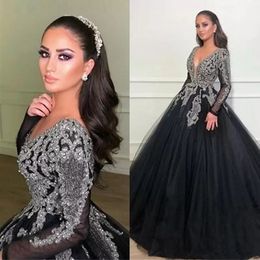 Sexy robe de bal manches longues robes de soirée 2022 noir col en v classique appliques perles haut robes de bal formelle fête Pageant robe