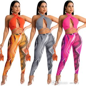 Sexy verband Tweedelig broek Pak Fashion Women Solid Color Crop Tops + Gedrukte broek Nightclubwear 2022 Zomer