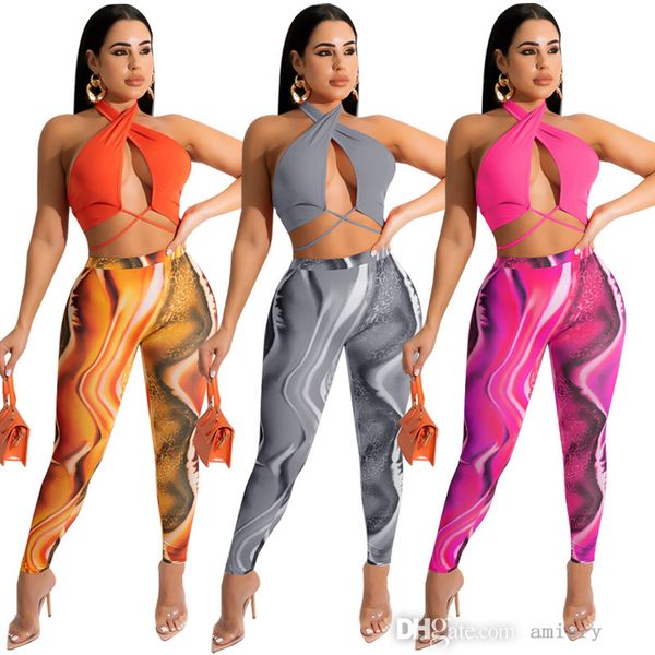 Sexy pansement deux pièces pantalon costume mode femmes couleur unie haut court + pantalon imprimé discothèque 2022 été