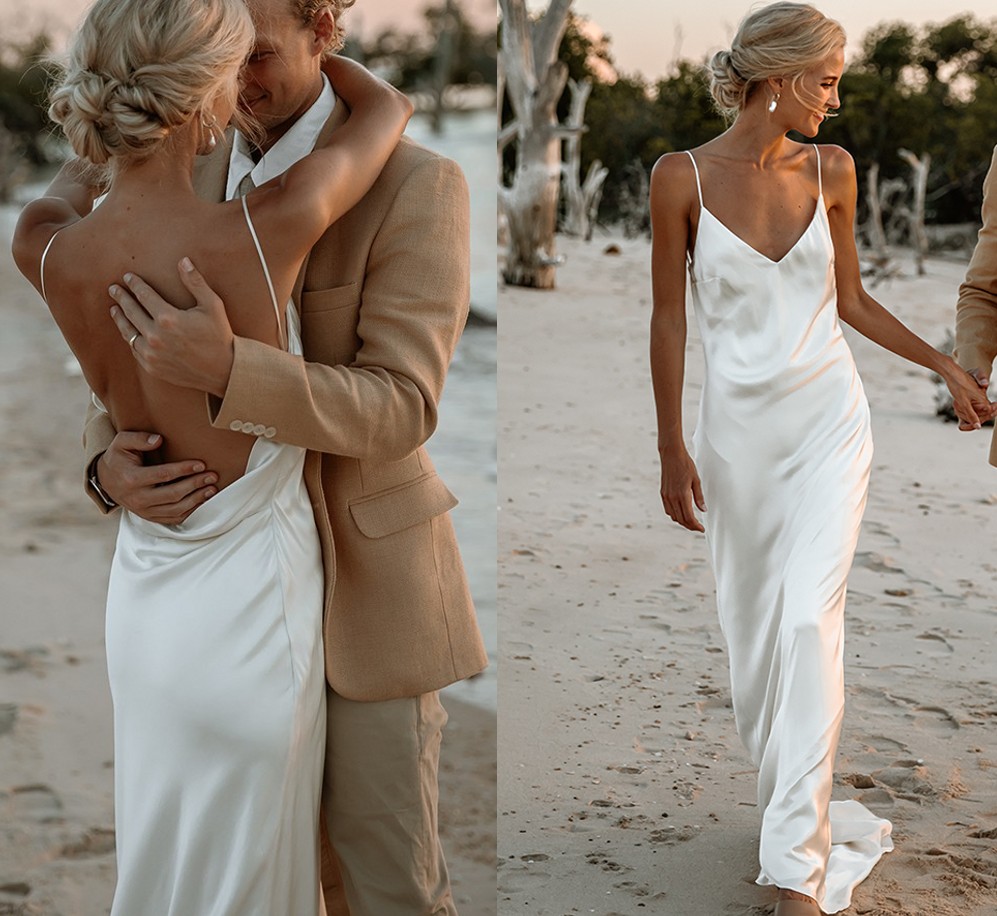 Sexy Beach Backless Wedding Dress Spaghetti Straps V Neck Satin Open Back Bride Party Gowns Bias CutVestidos De Novia