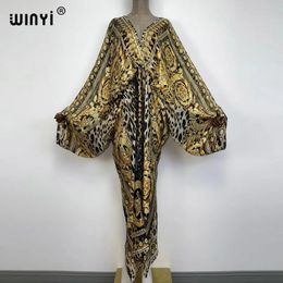 Sexy strand kaftan kaftan gevoel zijde rayon mode print WINYI Maxi dames gewaden lange sukienka Vneck Boheemse jurk 240323