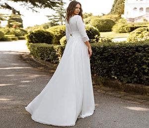 Sexy Strand Trouwjurken 2022 Bescheiden Satijn Chiffon Lange Mouwen Eenvoudige Kant Boho Bruidsjurk Vestido De Noiva7606335