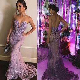 Sexy berta kralen avondjurken bling bling strapless lange formele jurken mouwen vloer lengte formele kleding backless prom feestjurken