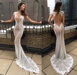 Sexy Berta Illusion Zeemeermin Trouwjurken Diepe V-hals Kant Geappliceerde Bruidsjurken Vestido De Novia Kapmouw Strand Bruiloft Dres5160252