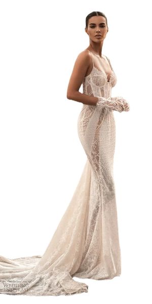 Sexy Berta Sirène Robes De Mariée Spaghetti Cou Pleine Dentelle Robe De Mariée Plage Boho Balayage Train Robe De Novia