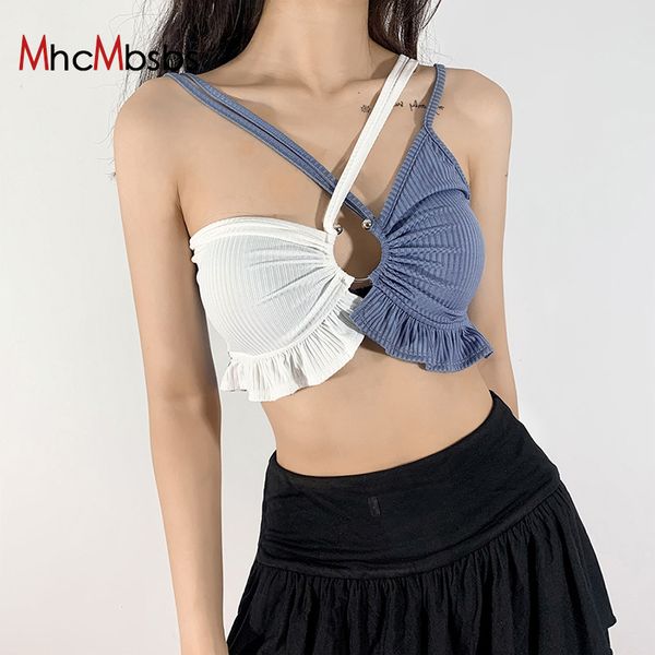 Sexy Bicolor Crop Tops Halter Débardeur Femmes Côtelé Hors Épaule Camisole Summer Beach Vacaion Cool Dos Nu Sling Vest 210517