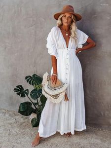 Sexy Bikini Cover-ups Diepe V-hals Lange Witte Tuniek Casual Zomer Strand Jurk Elegante Vrouwen Kleding Dragen Badpak Cover Up