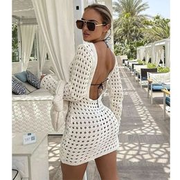 Sexy Bikini cache-up blanc Crochet tunique tricoté été robe de plage femmes vêtements de plage maillot de bain Y2K moulante couvrir 240104