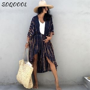 Sexy bikini cover -ups vrouwen zomer strand pareo strepen losse kimono badpak jurk strandkleding boho badpak bedek 220607