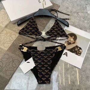 sexy bikini ontwerper zwempak klassieke vintage print grafisch zwempak metalen hanger wrap scheidt badmode tweedelige set
