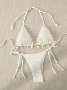 Sexy Bikini Set White Shell Designer Switsuit 2024 Halter Push Up Micro Bikinis Summer Bathing Costume Tie Côté Sweetwear 240517