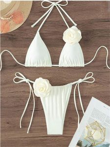 Sexy Bikini Set Vrouwen Badpak Zwart Wit 3D Bloemenprint Micro Bikini Braziliaanse Uitsparing Strand Badpak Thong Badmode 240321