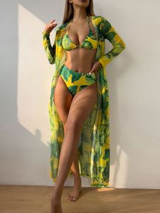 Sexy bikini zwempak zwempak sjaal voor vrouwen verse groene bloemenprint ontwerper badmode zwempak veer badpakken zomers strand maillot de bain