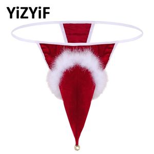 Sexy Bikini Thong Underwear Men Lingerie Velvet Santa Christmas Holiday Fancy Cosplay G-string avec Small Bell Men's Swimwear293s