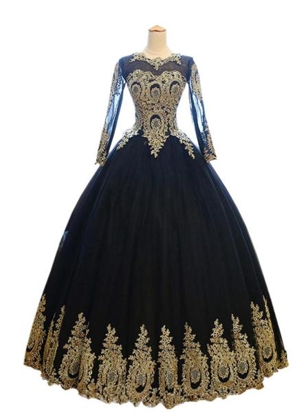 Robe de soirée sexy noire et dorée, robes de soirée formelles, manches longues illusion, dentelle appliquée, tulle, robe de bal de styliste2968807