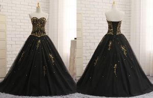 Sexy zwart en goud kralen borduurwerk quinceanera prom jurken goedkope 2018 zoete 16 jurk tule corset terug sequin voor meisjes