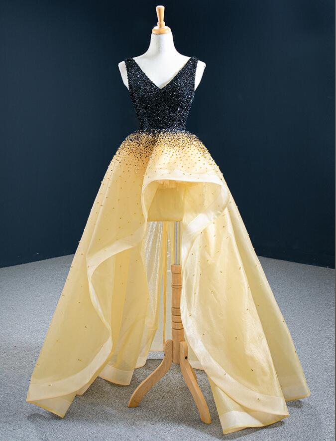 Сексуальные черно-золотые театрализованные платья с видом на выпускное платье Hi-Lo Тяжело