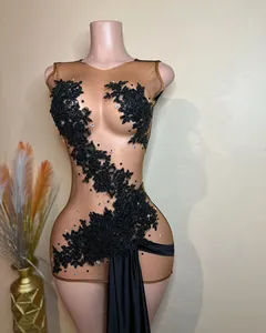 Robes d'anniversaire noires sexy avec train appliquée sirène cocktail gala robes de fête vestidos de satinos de graduacion