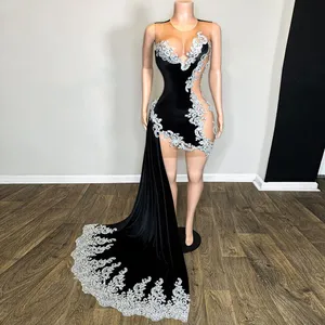 Sexy zwarte verjaardag outfit met trein toegepaste kralen doorzien door korte cocktail prom -jurken fluweelvestidos de gala