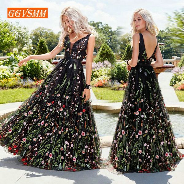 Vestidos de fiesta largos bohemios negros sexys 2019 Prom Press Mujeres Fiesta con cuello en v Tul bordado Encaje Sin espalda Playa BOHO Vestidos de noche