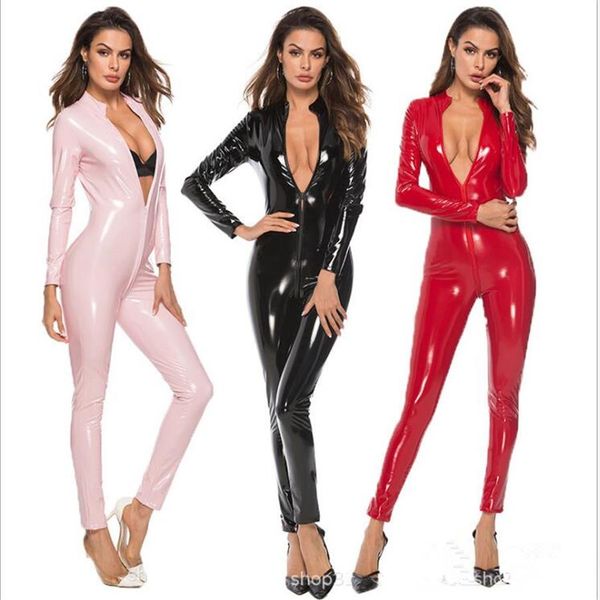 Sexy noir Catwomen combinaison PVC Spandex Latex Catsuit Costumes pour femmes Faux fétiche cuir body3126