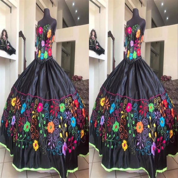 Sexy noir coloré de broderie charro quinceanera robes 2022 chérie satin lace en arrière mexicano vestido de 15 xv swee237z