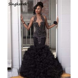 Sexy Black Diamonds Prom Glitter Crystals Crystals Perles en strases Robe de fête d'anniversaire à plusieurs niveaux