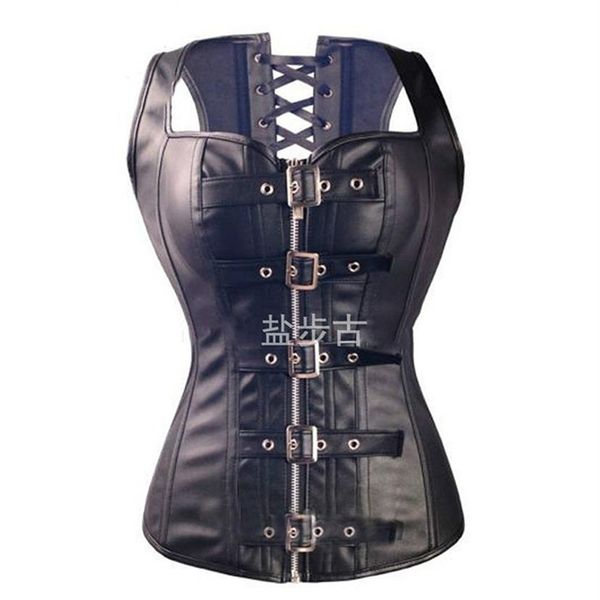 Sexy Noir Faux Cuir Boucle Overbust Gilet Corset Top Steampunk femmes Bustier Cincher Corselet CO31325Q