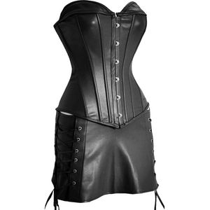 Ensemble de jupe corset en similicuir noir sexy - Tenue haut basque STEAMPUNK274Y