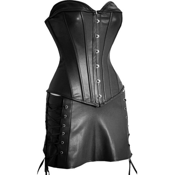 Ensemble jupe corset en similicuir noir sexy - Tenue haut basque STEAMPUNK324s