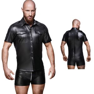 Sexy Black Faux Leather Men Shirt Wet Look Stretch Gay Undershirt Latex Novelty Short Sleeve Uniform Clubwear Stage Costume Undershirt