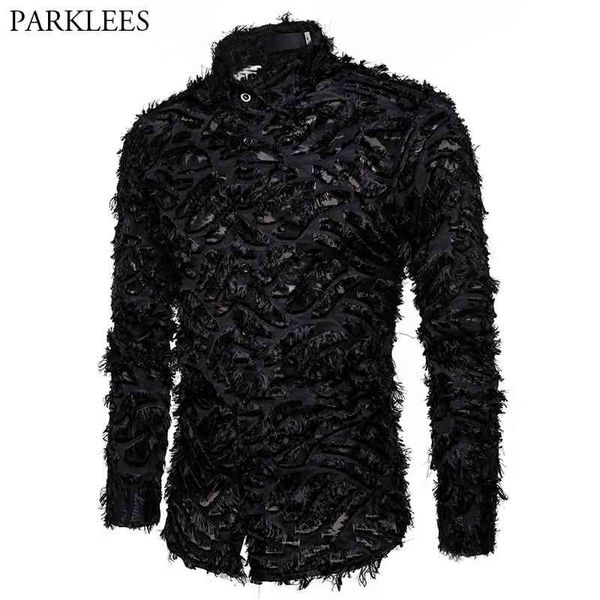 Sexy Black Feather Lace Chemise Hommes Mode Voir à travers Clubwear Robe Chemises Mens Event Party Prom Transparent Chemise S-3XL 210522