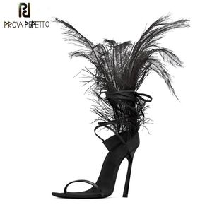 Sexy zwarte veer sandalen voor vrouwen struisvogel haar decor dunne hoge hakken dansschoenen damesbont sandalen partij zapatos de mujer cx200611