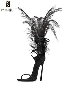 Sandales de plumes noires sexy pour femmes autrrich décor de cheveux minces talons hauts chaussures dames dames sandales de fourrure zapatos de mujer s2003346569