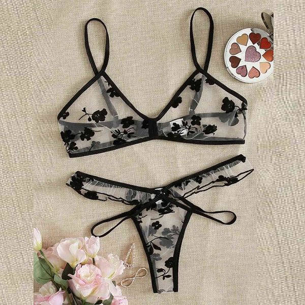 Sexy negro floral mujeres lencería exótica corsé encaje alambre libre perspectiva picante muselina ropa interior caliente erótico tops y calzoncillos Y0911