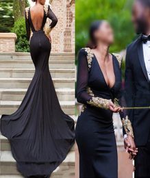 Sexy noir or appliques robes de soirée élégantes femmes formelles à manches longues perlées col en V profond fête sud-africaine occasion spéciale 8625655