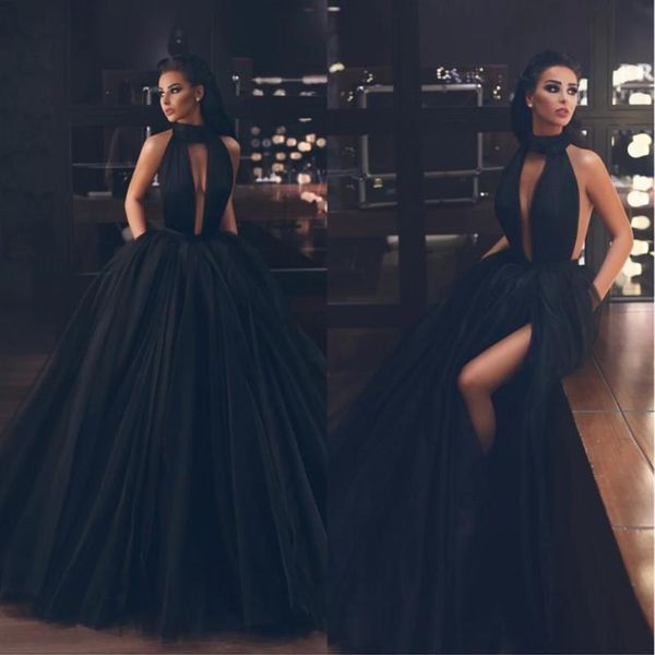 Sexy Black Hight Split Side Prom Vestidos con bolsillo Backless Puffy Tulle Longitud del piso Vestidos largos de noche formales vestidos de gala 281S