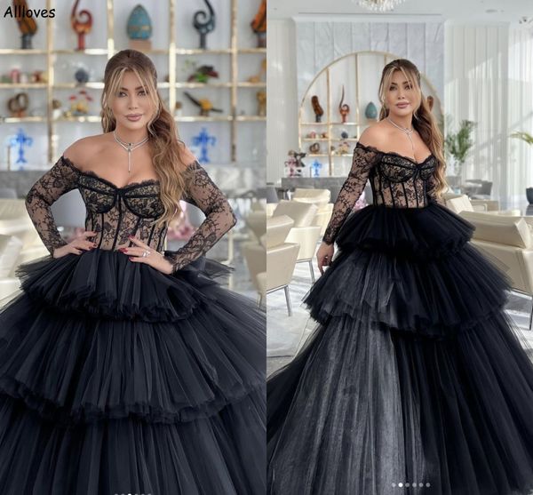 Sexy Black Lace Corset Soirée Pageant Robes Puffy Tiered Tulle Princesse Robes De Bal Avec Manches Longues Hors Épaule Femmes Occasion Spéciale Formelle Robe De Bal CL2532