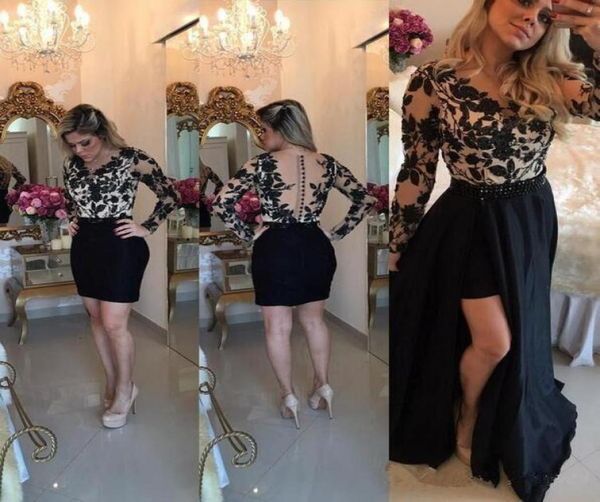 Sexy vestido de graduación de manga larga de encaje negro 2018 Botón transparente trasero desmontable desmontable Falda de la noche india Floral Nights8115301