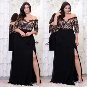 Sexy zwart kanten plus size avondjurken met halve mouwen van de schouder v-hals splitzijde prom jurken a-line chiffon formele jurk