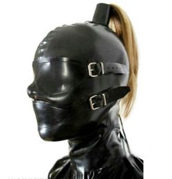 Masque en caoutchouc à capuche en Latex noir sexy, avec yeux et couverture buccale, masque en Latex, Bandage arrière, trou de queue de cheval sans cheveux2456813